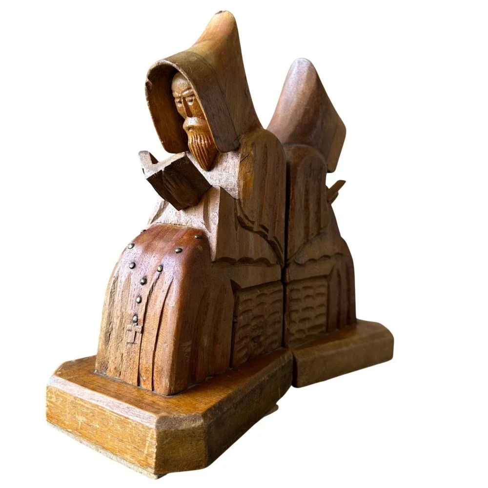 Vintage Hand Carved Wood Monk Bookends Praying Friar Reading Priest Set of 2